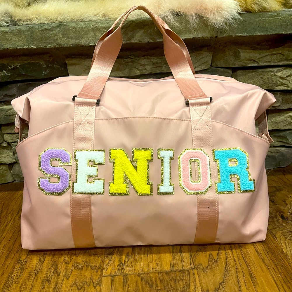 BRAND NEW Blush Pink Duffle Bag with Varsity Letters SENIOR. Great senior gift!